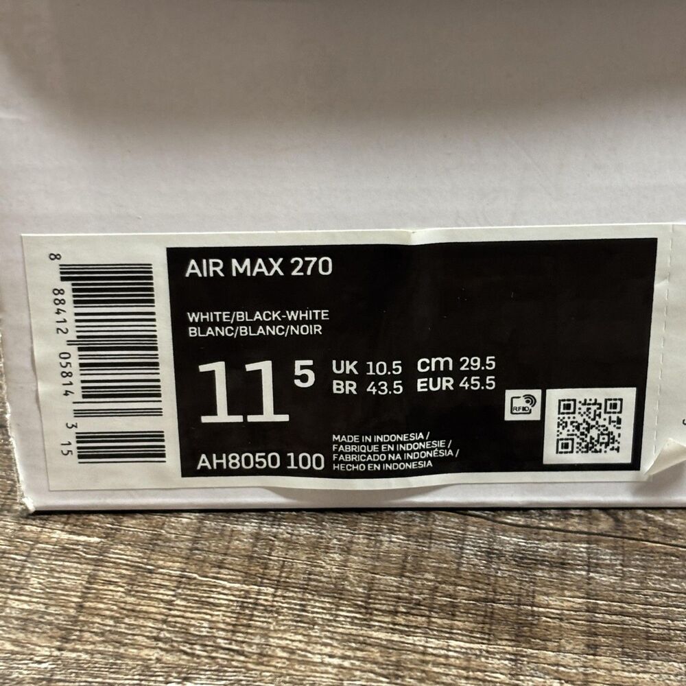 Nike Air Max 270 Shoes Men's 11.5 White Black Running Mesh Sneakers AH8050-100 - Picture 9 of 9
